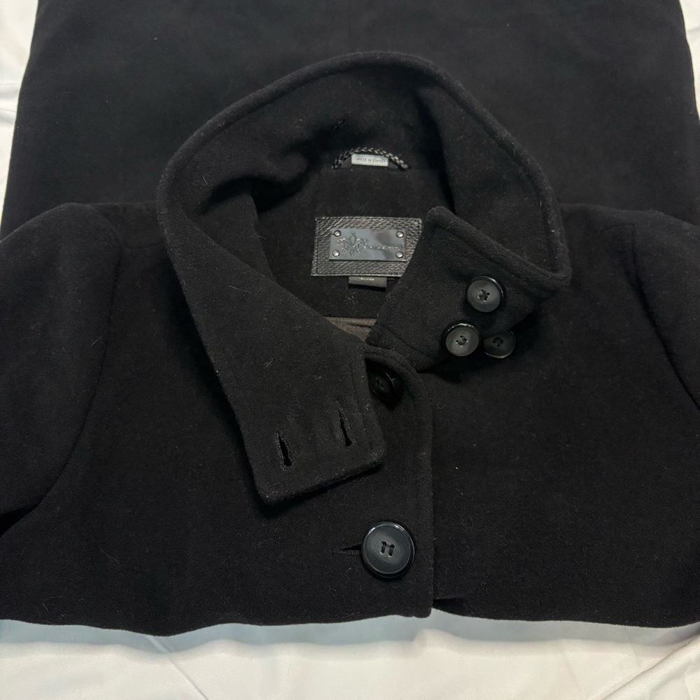 Mackage Wool Cashmere Coat Black Leather Trim Removable Collar Hood Size L - Picture 8 of 15